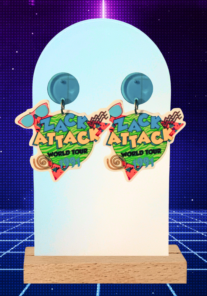 Zack Attack World Tour earrings on a retro background 