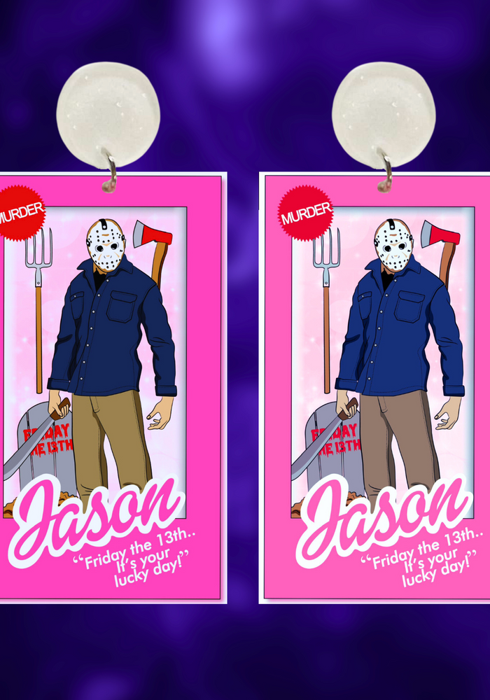 Earrings featuring Jason Voorhees from Friday the 13th in a Barbie box with a pitchfork, axe, machete, and coffin accessories, ideal for fans of horror movies and unique Halloween jewelry