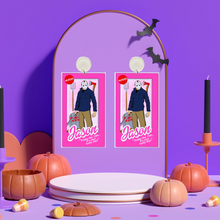 Load image into Gallery viewer, Earrings featuring Jason Voorhees from Friday the 13th in a Barbie box with a pitchfork, axe, machete, and coffin accessories, ideal for fans of horror movies and unique Halloween jewelry
