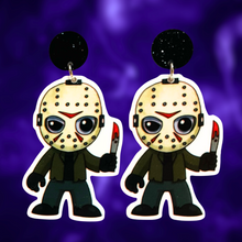 Load image into Gallery viewer, Cartoon-style Jason Voorhees earrings featuring the iconic hockey mask, perfect for fans of Friday the 13th and cute horror-themed accessories
