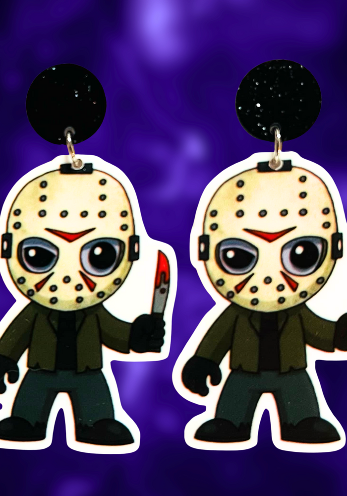 Cartoon-style Jason Voorhees earrings featuring the iconic hockey mask, perfect for fans of Friday the 13th and cute horror-themed accessories