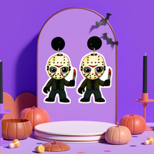 Load image into Gallery viewer, Purple jewelry holder with cartoon-style Jason Voorhees earrings featuring the iconic hockey mask, perfect for fans of Friday the 13th and cute horror-themed accessories
