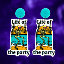 Load image into Gallery viewer, Earrings featuring a skeleton double-fisting beers on the beach with the text &#39;Life of the Party,&#39; perfect for fans of funny Halloween accessories
