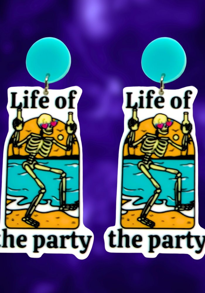 Earrings featuring a skeleton double-fisting beers on the beach with the text 'Life of the Party,' perfect for fans of funny Halloween accessories