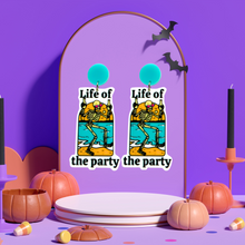 Load image into Gallery viewer, Purple jewelry backdrop with earrings featuring a skeleton double-fisting beers on the beach with the text &#39;Life of the Party,&#39; perfect for fans of funny Halloween accessories
