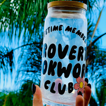 Load image into Gallery viewer, A 20oz BPA-free glass cup with a floral UVDTF wrap featuring the text &quot;Lifetime Member: Introverted Bookworm Club,&quot; paired with a bamboo lid and glass straw. Ideal for bookworms and iced coffee enthusiasts.
