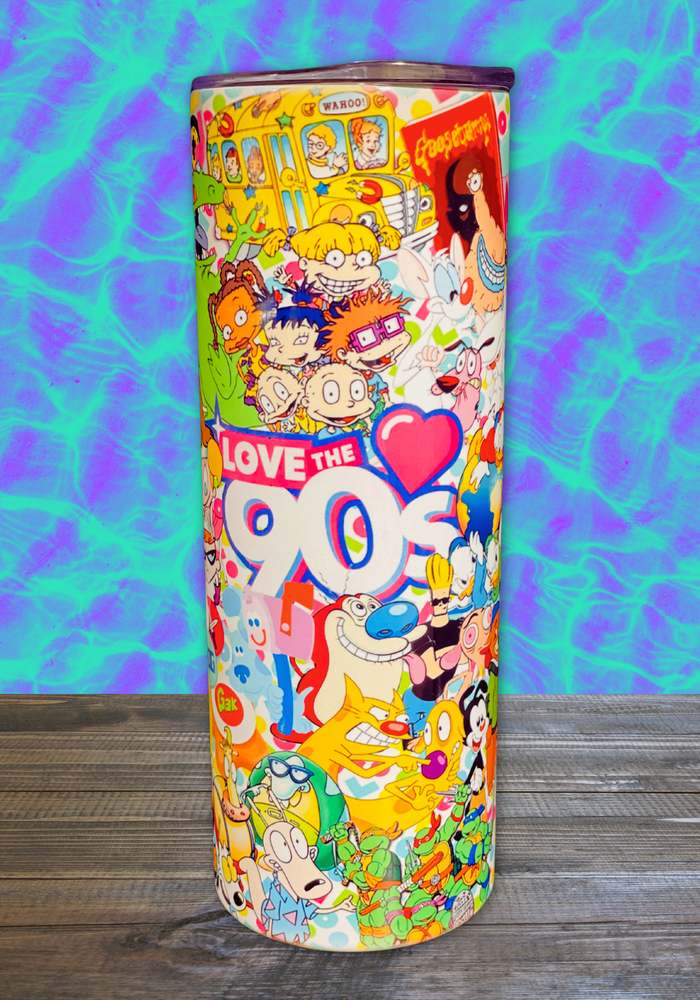 A 20 oz stainless steel insulated tumbler featuring a colorful collage of 90s cartoons like Rugrats, Blue’s Clues, and Magic School Bus. Includes a secure lid and reusable metal straw
