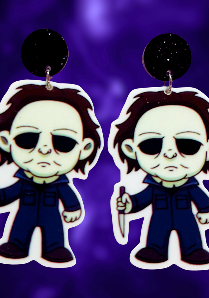 Cute cartoon Michael Myers earrings inspired by the Halloween movies, perfect for fans of horror and playful Halloween style