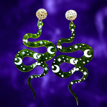 Load image into Gallery viewer, Earrings featuring a mystic green snake on marbled acrylic with celestial markings, perfect for fans of unique Halloween accessories.
