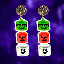 Load image into Gallery viewer, Earrings featuring a stack of nostalgic Halloween buckets, perfect for fans of 90s Halloween nostalgia and cute spooky décor
