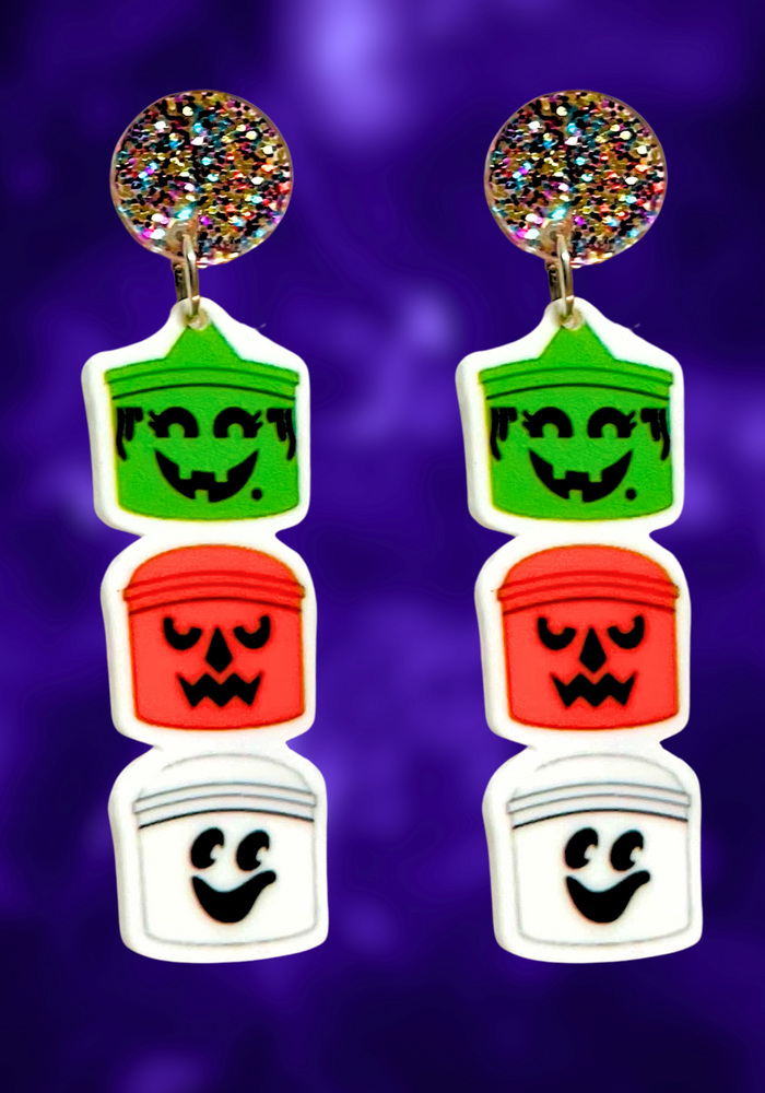 Earrings featuring a stack of nostalgic Halloween buckets, perfect for fans of 90s Halloween nostalgia and cute spooky décor