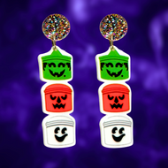 Earrings featuring a stack of nostalgic Halloween buckets, perfect for fans of 90s Halloween nostalgia and cute spooky décor
