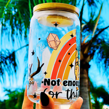 Load image into Gallery viewer, A 16oz BPA-free glass cup with a UVDTF wrap featuring a retro rainbow, celestial accents, and a smudge stick design. Includes a bamboo lid and reusable glass straw, perfect for iced drinks.
