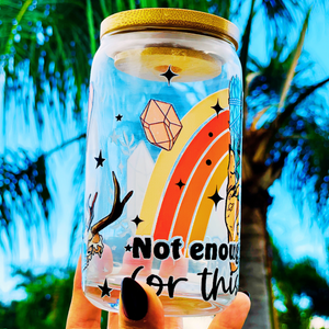 A 16oz BPA-free glass cup with a UVDTF wrap featuring a retro rainbow, celestial accents, and a smudge stick design. Includes a bamboo lid and reusable glass straw, perfect for iced drinks.