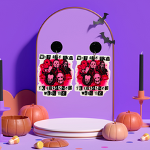 Load image into Gallery viewer, Earrings with the quote &#39;Why are you so obsessed with me?&#39; on a purple backdrop featuring horror icons Freddy Krueger, Michael Myers, Ghostface, Pennywise, and Jigsaw, perfect for a fun and bold Halloween look
