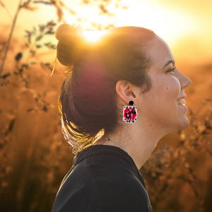 Earrings with the quote 'Why are you so obsessed with me?' featuring horror icons Freddy Krueger, Michael Myers, Ghostface, Pennywise, and Jigsaw, perfect for a fun and bold Halloween look