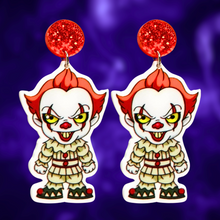 Load image into Gallery viewer, Cute cartoon Pennywise earrings inspired by the It movie, perfect for fans of horror and playful Halloween accessories
