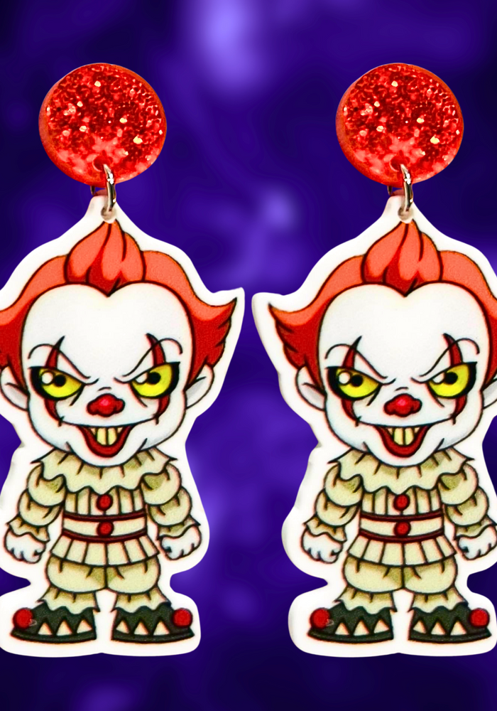 Cute cartoon Pennywise earrings inspired by the It movie, perfect for fans of horror and playful Halloween accessories