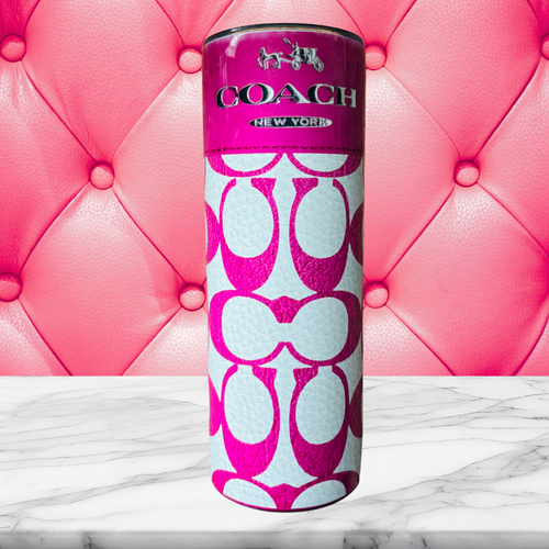 A 20 oz stainless steel insulated tumbler featuring a white and pink leather-inspired background with the signature 