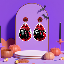 Load image into Gallery viewer, A purple earring holder with earrings featuring Ghostface from Scream on the phone with a bloodstained background and the phrase &#39;No You Hang Up First,&#39; perfect for fans of the cult classic horror movie
