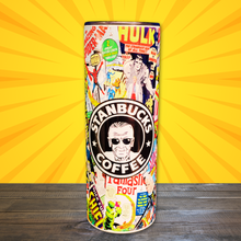 Load image into Gallery viewer, A 20 oz stainless steel insulated tumbler featuring a sublimated design of Marvel comic book strips, including The Hulk, Fantastic Four, and Spider-Man, with a &quot;Stanbucks Coffee&quot; logo.
