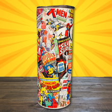 Load image into Gallery viewer, A 20 oz stainless steel insulated tumbler showcasing classic Marvel comic covers from X-Men, Guardians of the Galaxy, Silver Surfer, and more. Comes with a lid and reusable metal straw.
