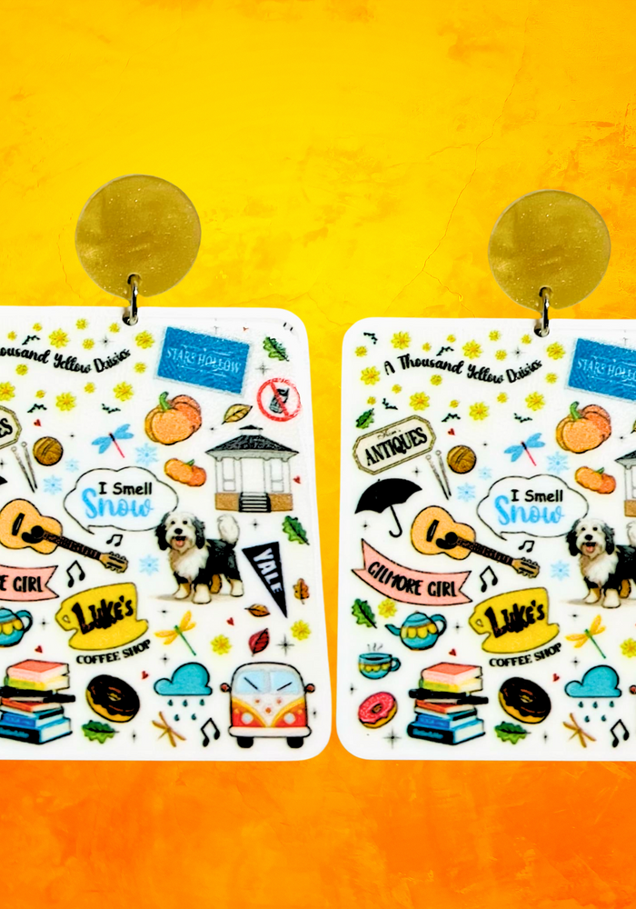 Gilmore Girls collage earrings featuring iconic moments from Stars Hollow, Luke's Diner, and other beloved show elements.