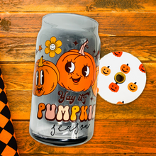 Load image into Gallery viewer, A 16 oz BPA-free glass cup featuring a cute pumpkin design with the words “Yay it’s Pumpkin Season.” Comes with a bamboo lid and reusable glass straw, perfect for autumn drinks.
