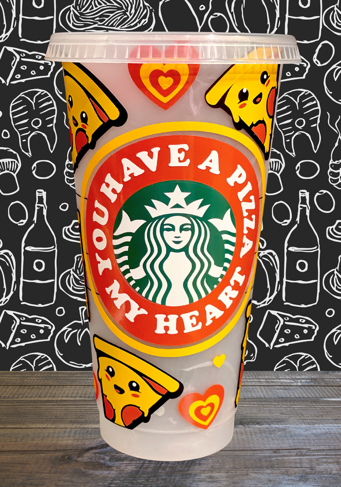 A 16 oz reusable Starbucks-compatible cold cup with a marble-changing design that shifts to orange, red, and blue when filled with cold liquid. The cup features a playful vinyl wrap reading 